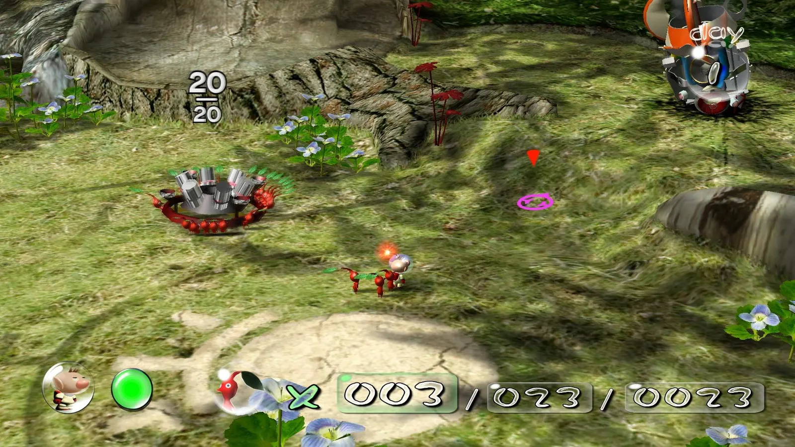 Bosque de la Esperanza, la primera area del juego. Los Pikmin cargan una parte de la nave de Olimar