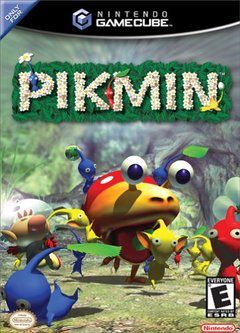 Caja de Pikmin de Nintendo Gamecube, donde se ve a un Bulborb tratando de comer a Olimar y los Pikmin