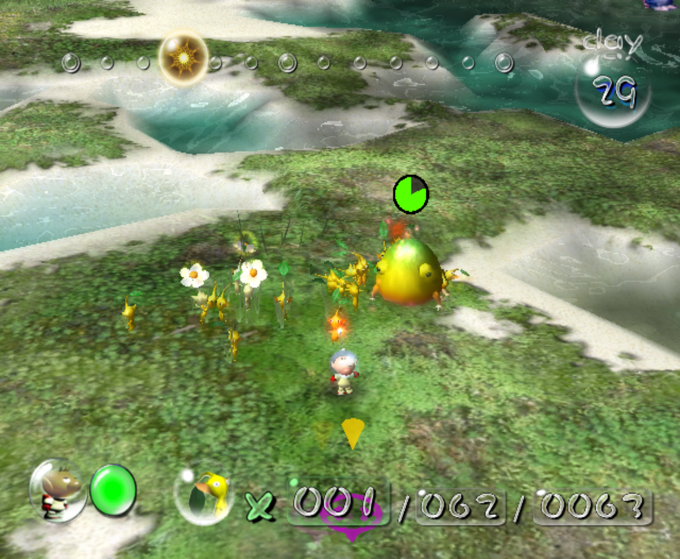 Gran Laguna, penultima area del juego. Los Pikmin enfrentan un Sapo Gigante Amarillo